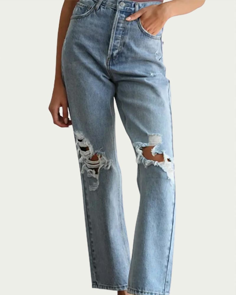 Front of a model wearing a size L Distressed Straight-Leg Jeans in Blue in Blue by By Together. | dia_product_style_image_id:338273